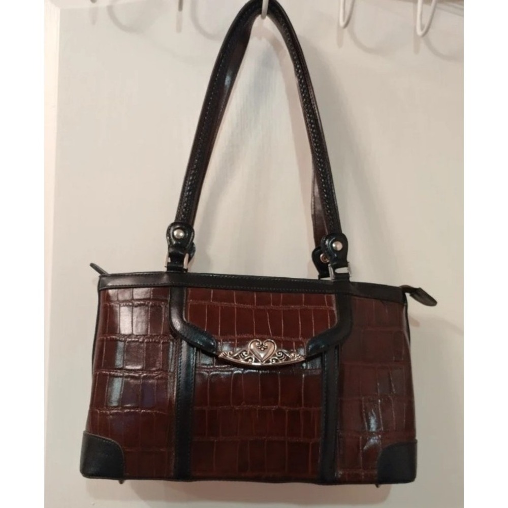 MC Faux Croc Shoulder Bag  Brown & Black Tote Purse Western Heart Accent Y2k